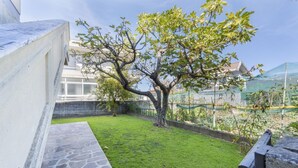 Ein Innenhof mit Baum, einem Steinweg und Blick auf ein Gebäude mit Glasfassade.