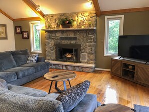 Smart TV, fireplace, table tennis, books