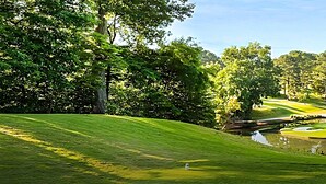 A golf course with a pond, trees, and well-manicured grass. - Lakefront Retreat with Pool, Spa, Golf, Fishing,  Boat slip, Kayaks & Marina (Montgomery)