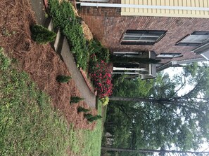 Stroll through the beautifully maintained garden, featuring a variety of plants and a tranquil path leading to the entrance.