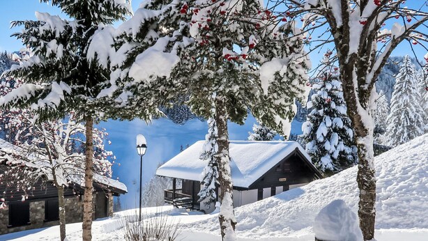 Een met sneeuw bedekte lodge met een balkon, omgeven door bomen en een heldere lucht.