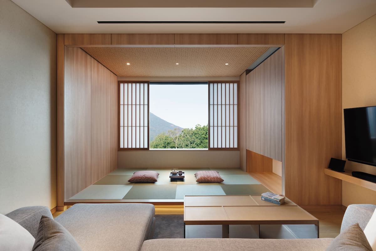 A modern living room with a low ceiling, wooden panel walls, a large window with a view of greenery and mountains, a sofa, a coffee table, and a flat-screen TV on a wooden shelf.