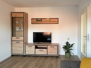 En stue med fjernsyn, skab i træ og en plante.