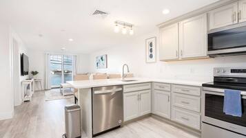 A modern kitchen with white cabinetry, stainless steel appliances, and a central island.