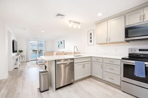 A modern kitchen with white cabinetry, stainless steel appliances, and a central island. - Premier Ocean View Corner Condo (850S.F.) (Plymouth)