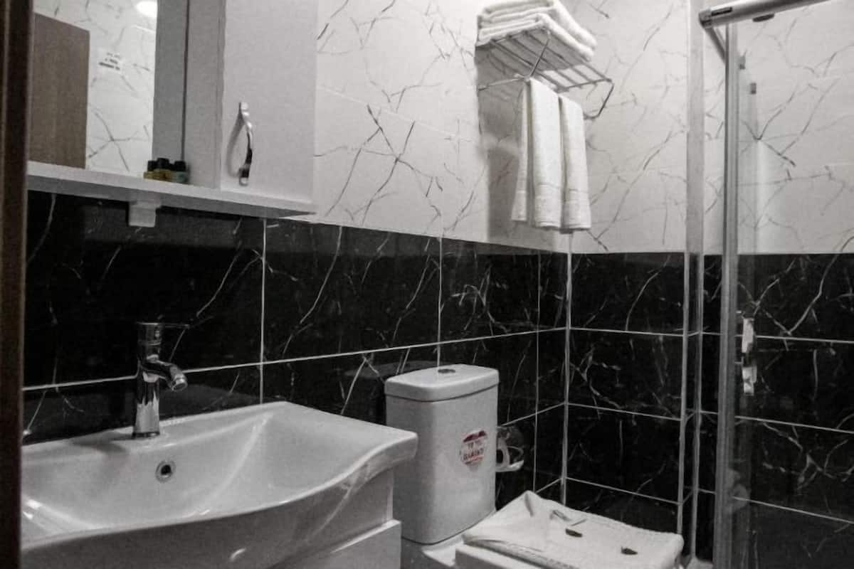 Shower, rainfall showerhead, hair dryer, bathrobes