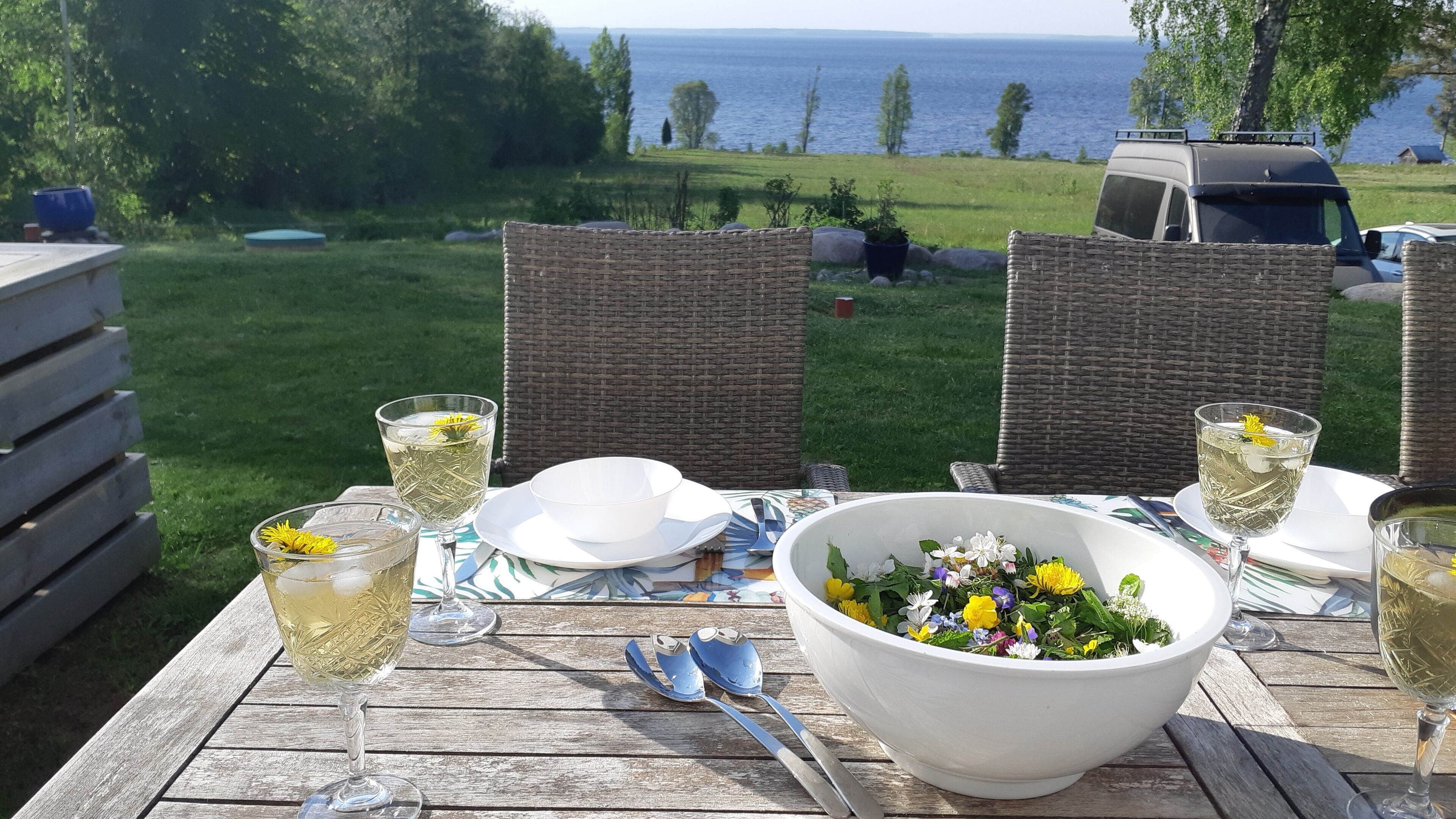 A wooden table set outdoors with a view of the sea, a bowl of flowers, and two glasses of a clear liquid.