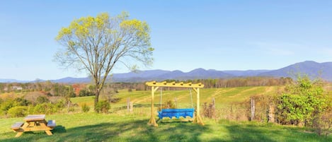 Un espacio al aire libre con césped, un columpio de madera y una mesa de picnic.