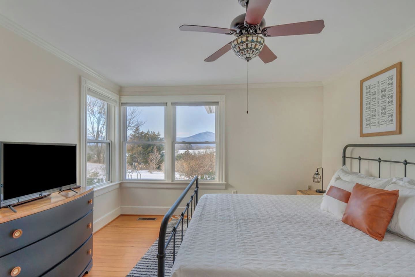 A bedroom with a bed, a television on a dresser, a ceiling fan, and a window with a view of trees and mountains.