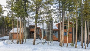 A cabin surrounded by tall pine trees in a snowy landscape. - Grand Antler Lodge: Spacious, Updated, Sleeps 16 (Breckenridge)