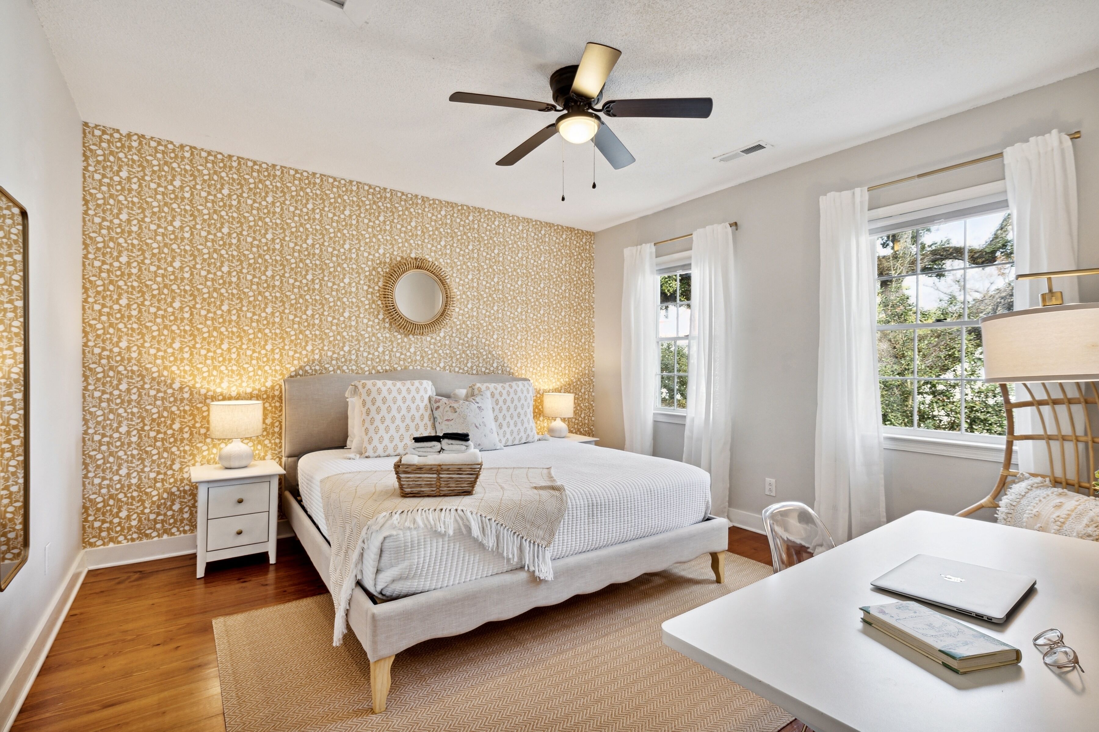 King bed. Serena and Lily wallpaper. Sound machine. Blackout blinds.
