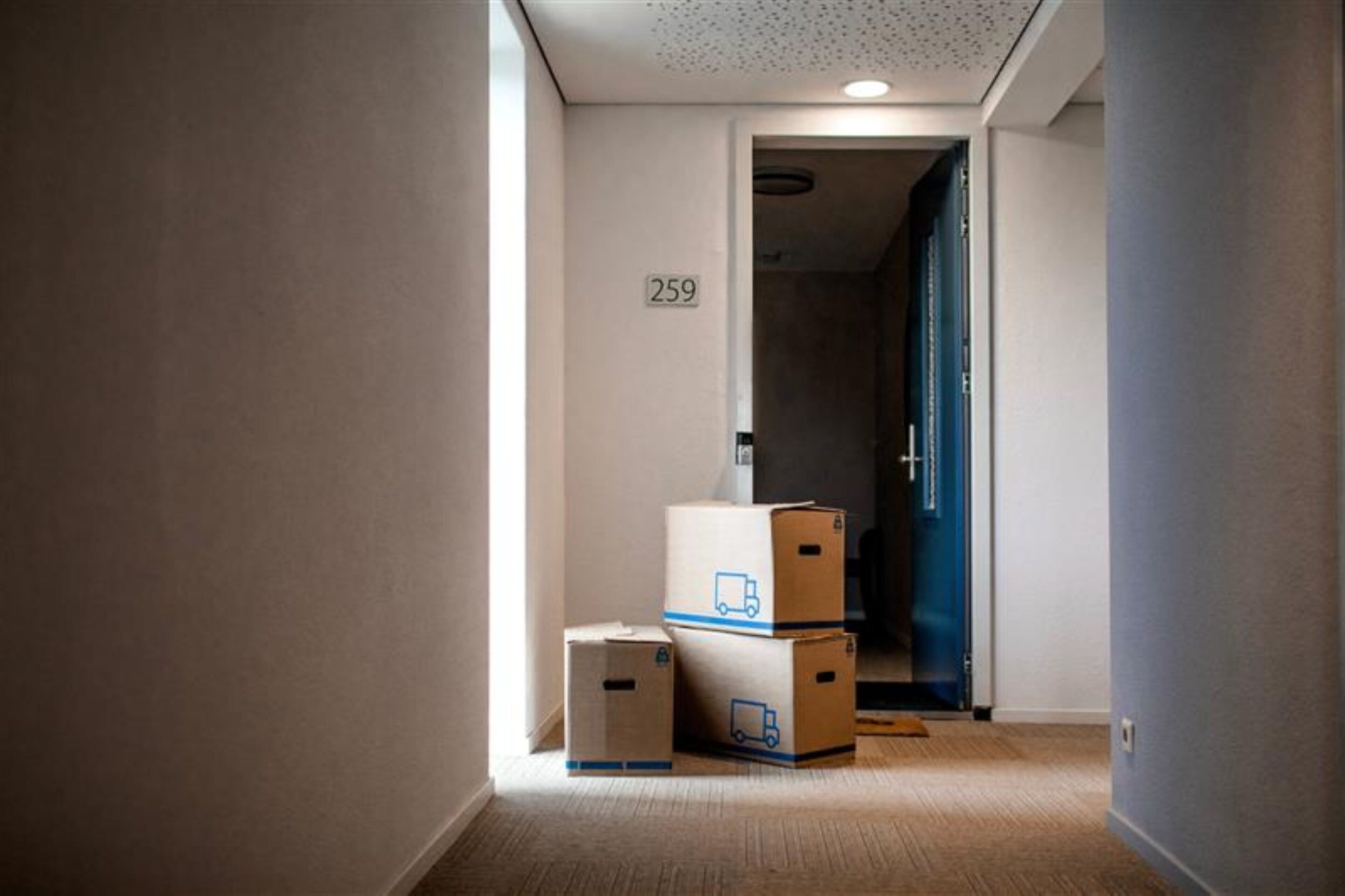A hallway with a door marked 259, leading to a room. There are three cardboard boxes stacked in the hallway.