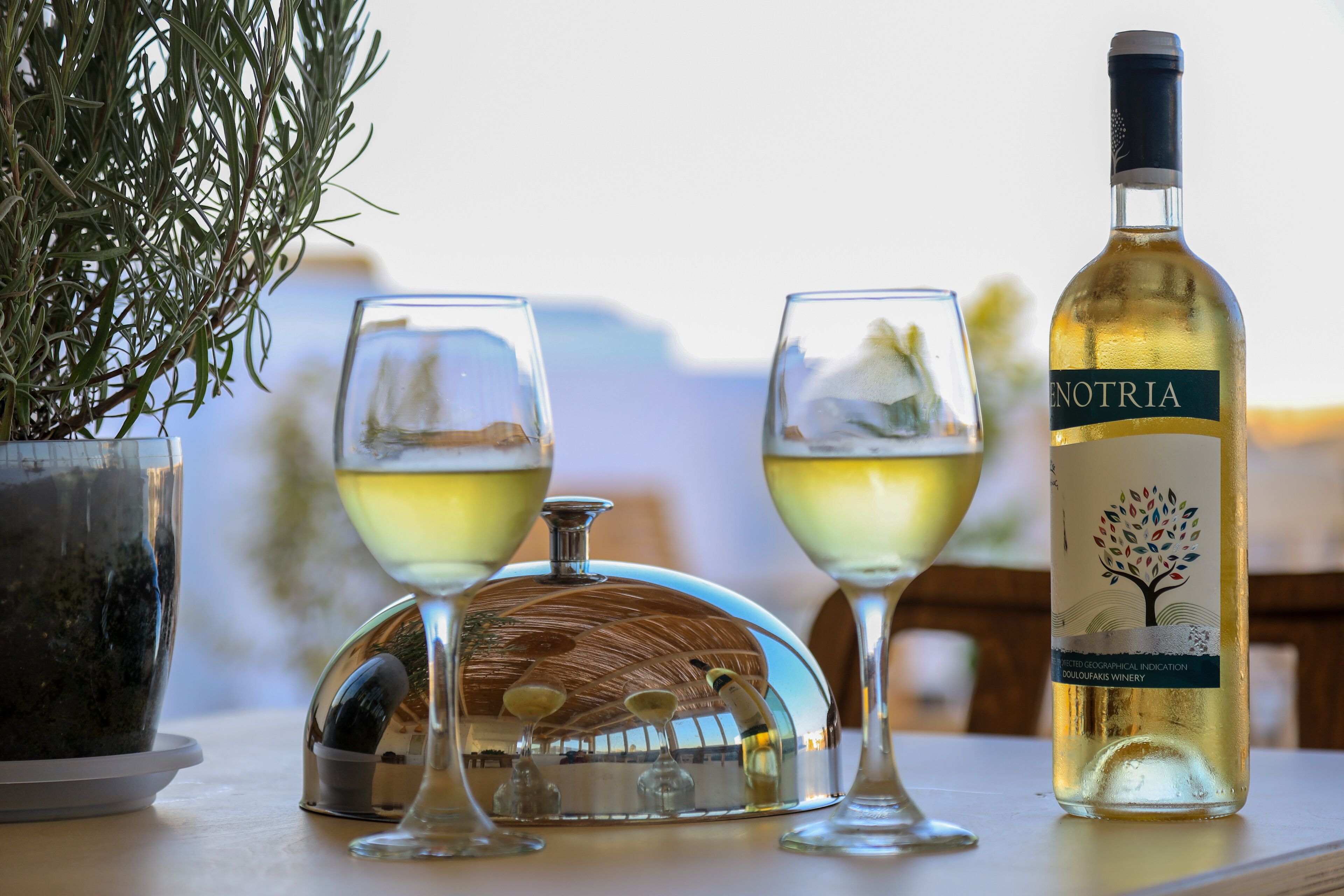 A bottle of white wine, two glasses, and a decorative metal cover on a table.