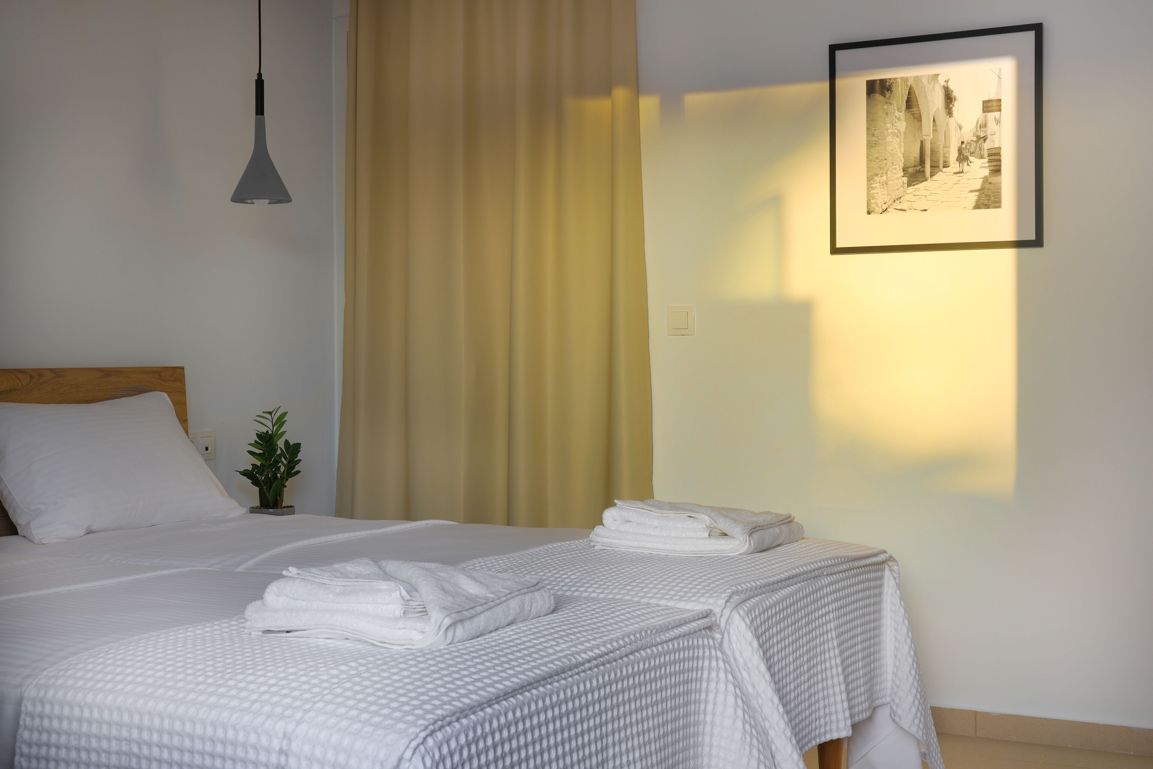 A neatly made bed with white linens and a folded towel on the side, a bedside plant, and a framed picture on the wall.
