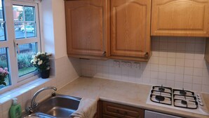 A kitchen with wooden cabinets, a stainless steel sink, a gas stove, and a window with flowers.