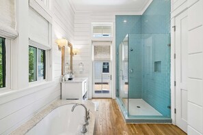 Bathtub, hair dryer, towels