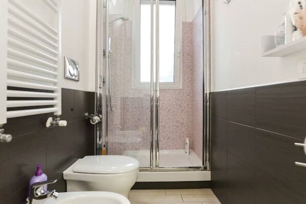 Shower, hair dryer, bidet, towels
