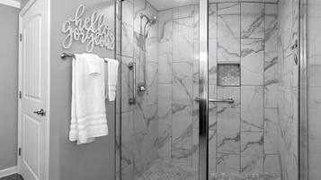 Shower, hair dryer, towels