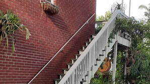 Une maison en briques rouges avec un escalier blanc menant à un porche abrité.