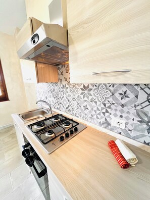 Apartment | Eigene Kochnische | Kühlschrank, Ofen, Herdplatte, Kochgeschirr/Geschirr/Besteck