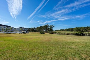 Una zona residencial con un campo cubierto de césped, una hilera de casas y una arboleda densa al fondo.