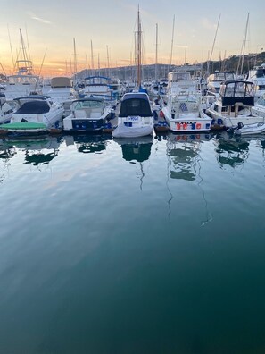Enjoy serene views of the marina with a variety of boats docked in calm waters.