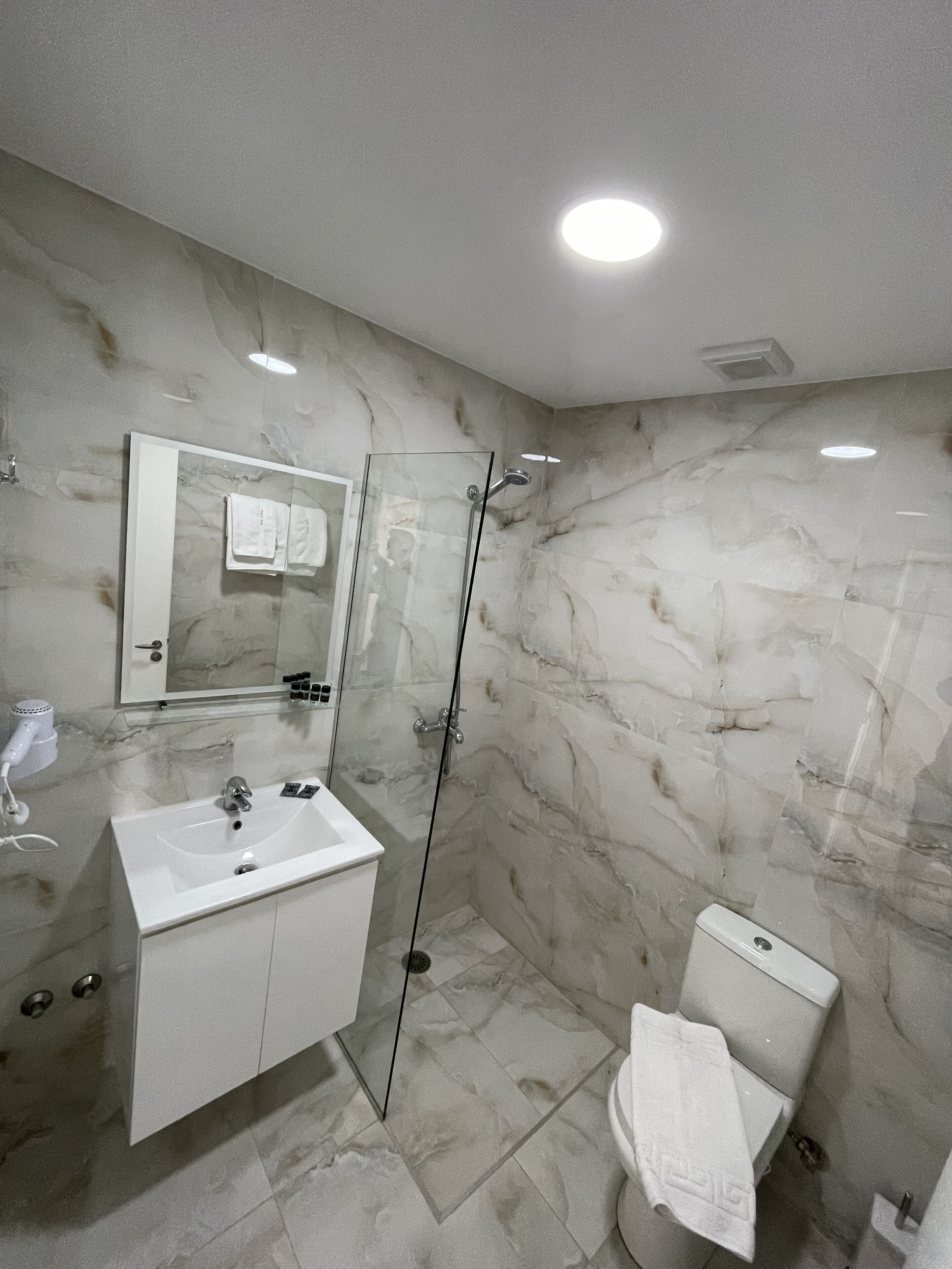 A modern bathroom with a glass-enclosed shower, a white sink, and a toilet.