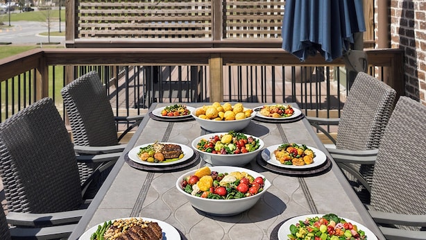 A dining table with multiple plates of food, outdoor chairs, and a wooden fence in the background. - Watch Cargo Ships Glide by from This Walkable Savannah River Retreat (Savannah)