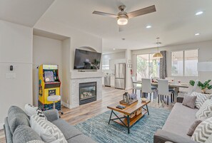 Smart TV, fireplace, video games, books