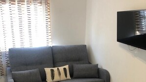Un canapé gris agrémenté de deux coussins décoratifs, une petite table ronde avec une télécommande, et un téléviseur fixé au mur.