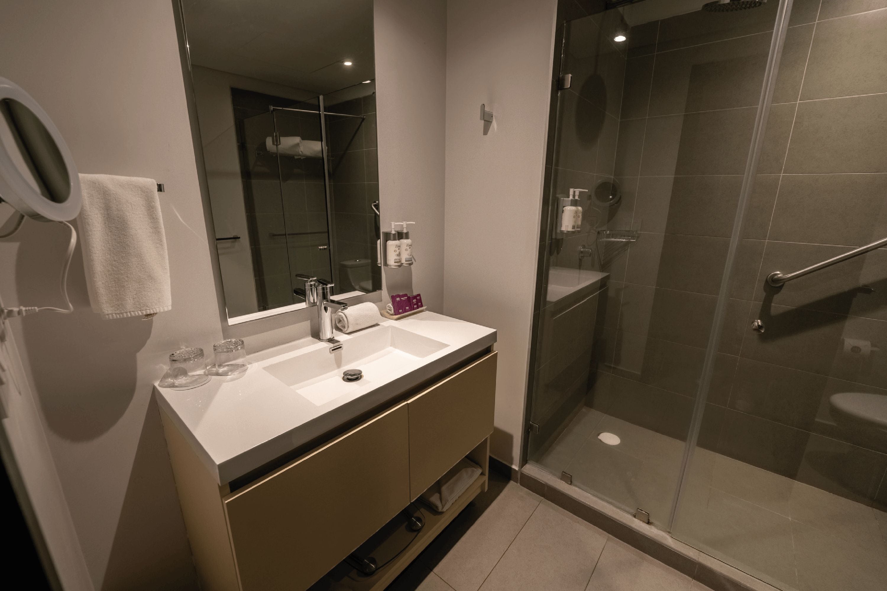A modern bathroom with a glass-enclosed shower, a white sink, and a mirror above it.