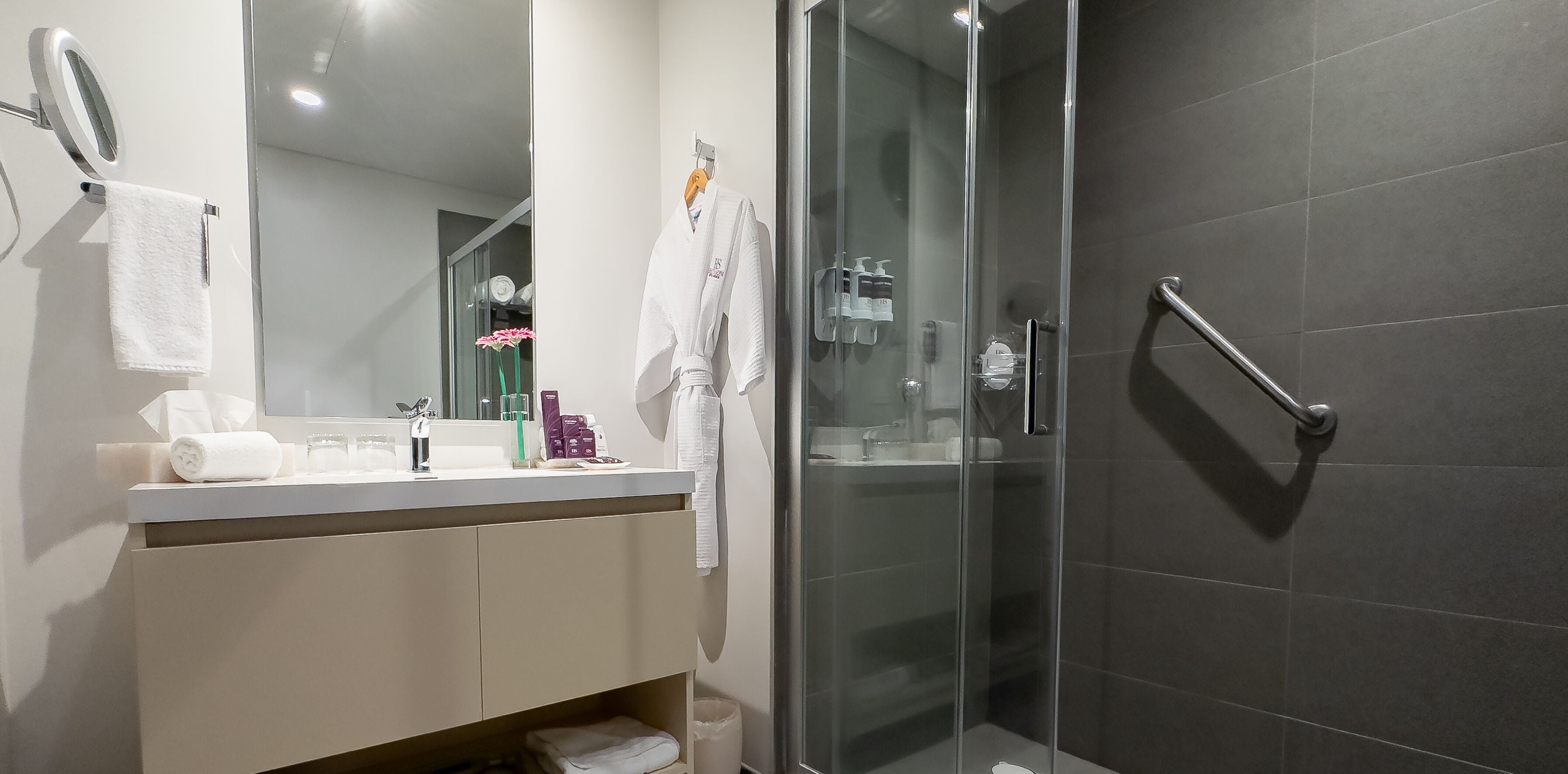 junior double room | bathroom | shower, rainfall showerhead, free toiletries, hair dryer