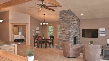 TV connectée, cheminée, lecteur de DVD, livres