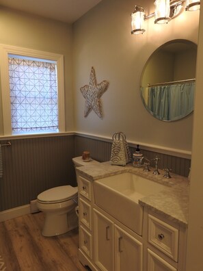 Combined shower/tub, hair dryer, towels