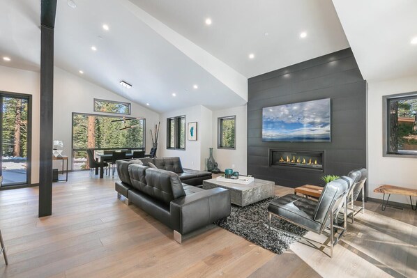 Smart TV, fireplace, video games, DVD player