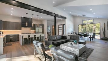 Smart TV, fireplace, video games, DVD player