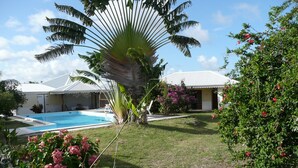 Un área de piscina con una palmera, un edificio pequeño y flores rosadas.