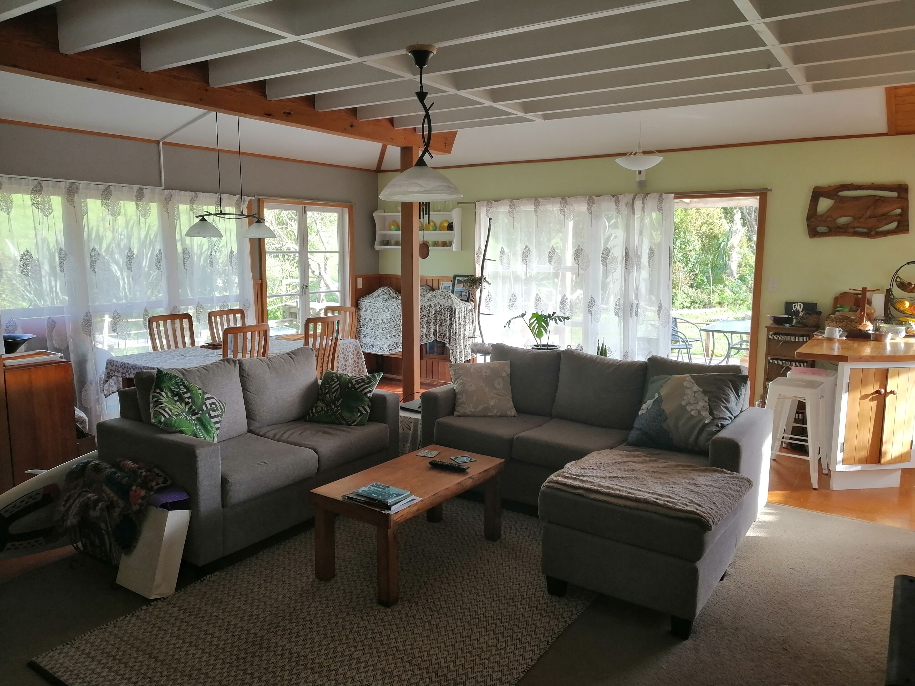 TV, fireplace, books