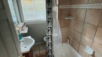 Combined shower/bathtub, hair dryer, towels, soap