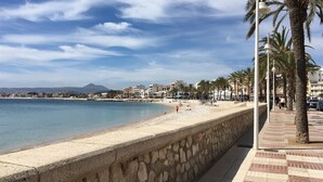 Una passeggiata costiera con un muro in pietra, palme e una spiaggia.