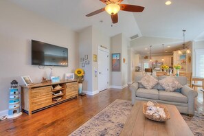 TV - 1 Sunflower: Spacious 3BR beach house in Oak Island, perfect for family getaways with a pool! (Oak Island)