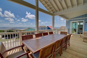 Outdoor dining - 7BR/6.5BA Ocean View Home - Pool, Elevator, Dog Friendly, Sleeps 18 (Oak Island)