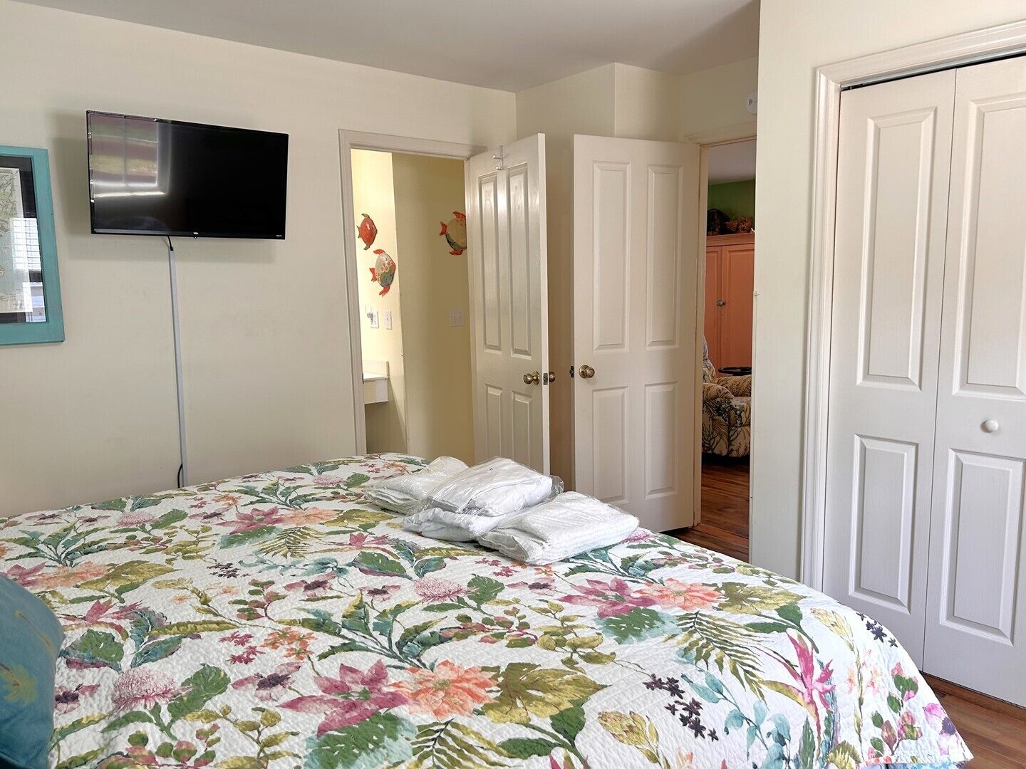 Une chambre à coucher avec un lit, une télévision et des portes blanches.
