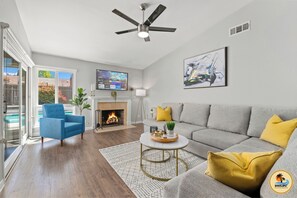 Smart TV, fireplace, video-game console, table tennis