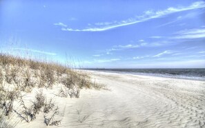 A sandy beach with sparse vegetation and a clear blue sky.