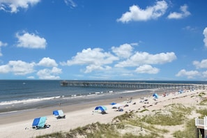 Une plage avec une jetée qui s’avance dans l’océan, une plage de sable et des personnes qui se promènent ou se détendent sur la plage.