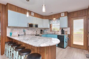 Fridge, microwave, oven, stovetop - 4BR/2BA Home - 2nd Row, Ocean Views, Walk to Beach, Firepit Sleeps 8 (Oak Island)