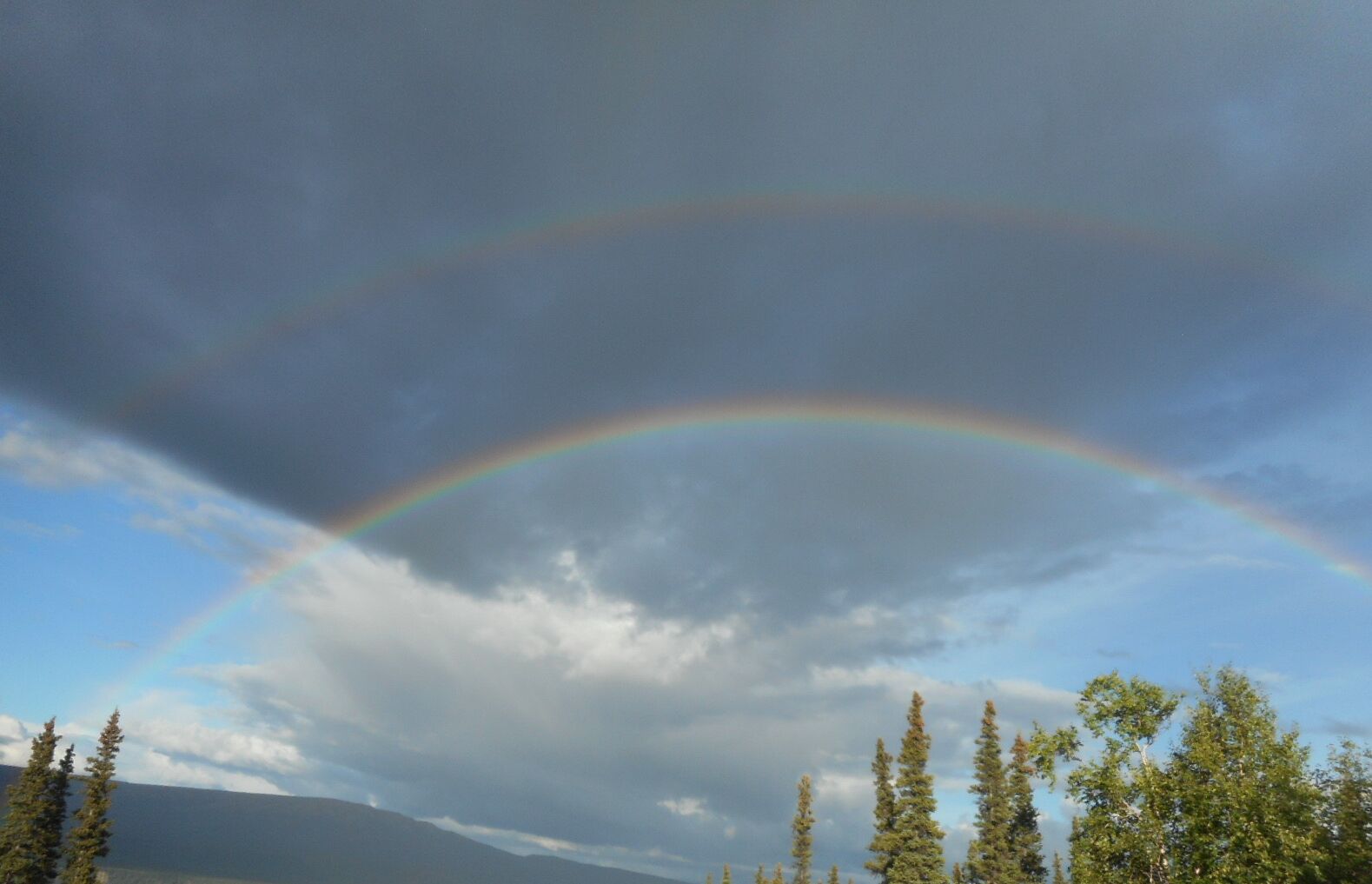 A natural landscape with a rainbow arching over a forested area and a mountain in the background.