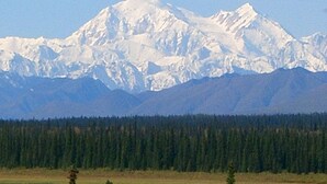 Une chaîne de montagnes aux sommets enneigés, avec une forêt dense au premier plan.