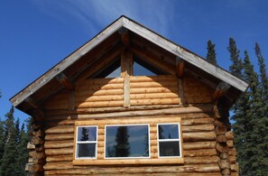Eine Blockhütte mit Satteldach und drei Fenstern.